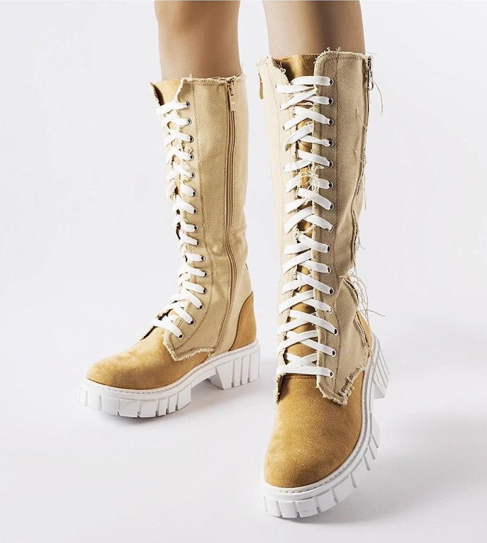 Beige fabric insulated knee-high boots