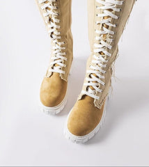 Beige fabric insulated knee-high boots