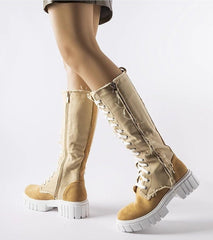 Beige fabric insulated knee-high boots