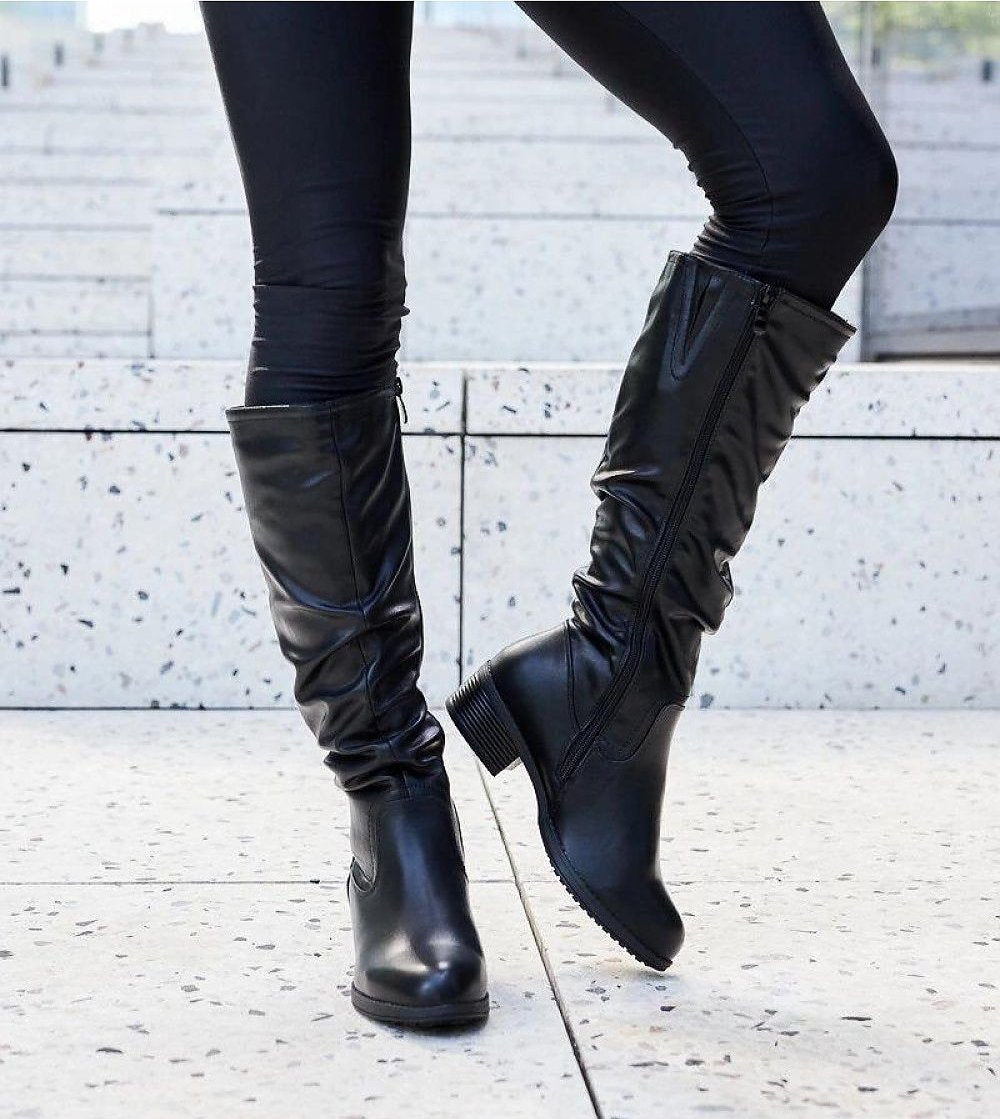 Black crinkled eco-suede boots