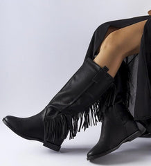 Black covered-heeled buskin boots