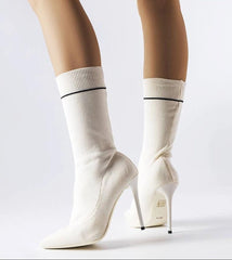 White slip-on sock stiletto boots