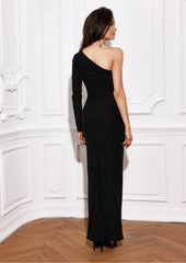 Long Brocade evening dress with one long sleeve