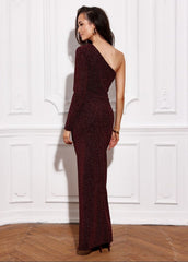 Long Brocade evening dress with one long sleeve