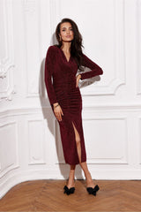 Long sleeves brocade midi evening dress