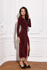 Long sleeves brocade midi evening dress