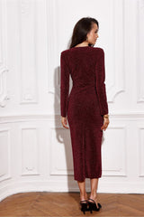 Long sleeves brocade midi evening dress