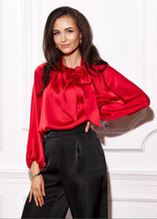 Satin blouse with long puffy sleeves