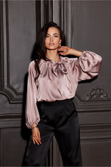 Satin blouse with long puffy sleeves