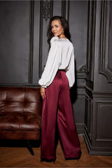 Wide puffy long sleeves satin formal blouse