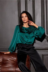 Wide puffy long sleeves satin formal blouse