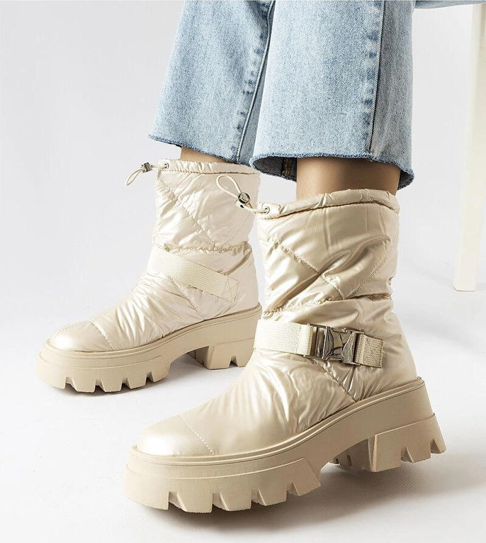 Beige patent high upper snow boots