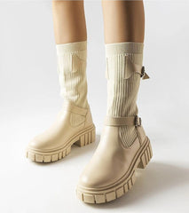 Beige stylish boots with elastic shaft