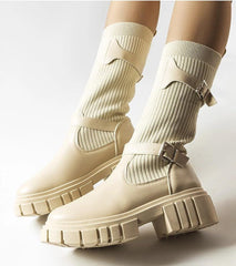 Beige stylish boots with elastic shaft