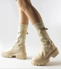 Beige stylish boots with elastic shaft