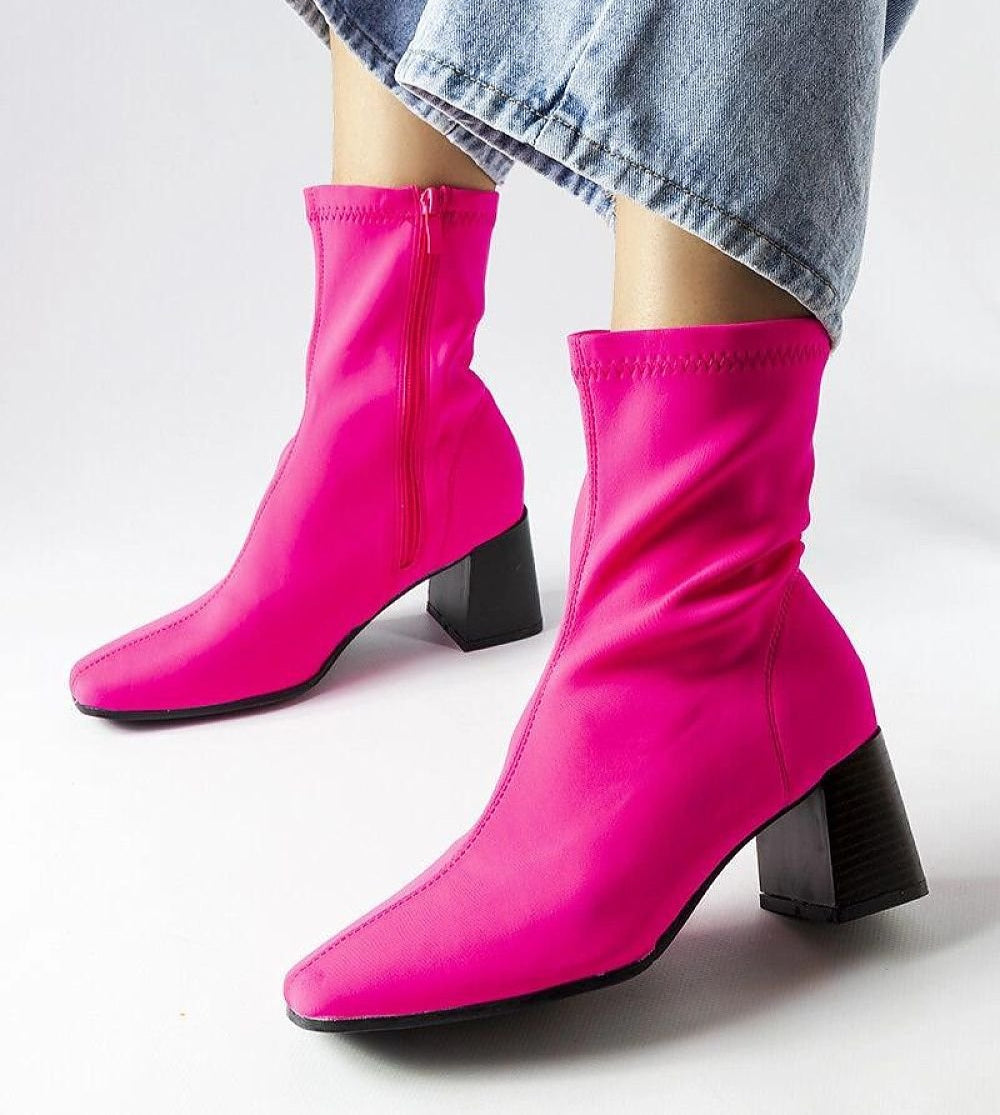 Pink satin ankle heel boots