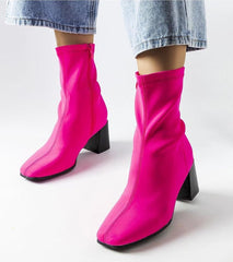 Pink satin ankle heel boots