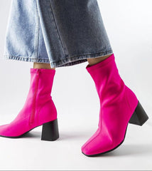 Pink satin ankle heel boots