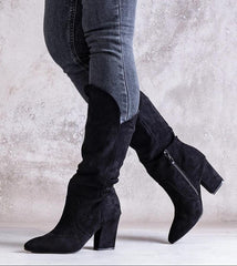 Black slip-on heel boots