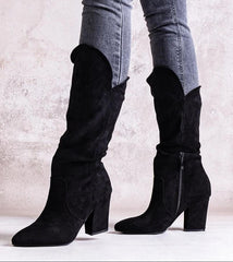 Black slip-on heel boots