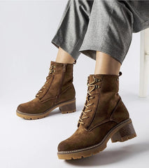 Brown tied block heel boots