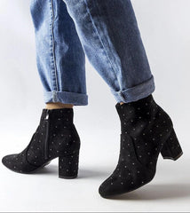 Black rhinestone-embellished eco suede heel boots