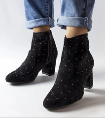 Black rhinestone-embellished eco suede heel boots