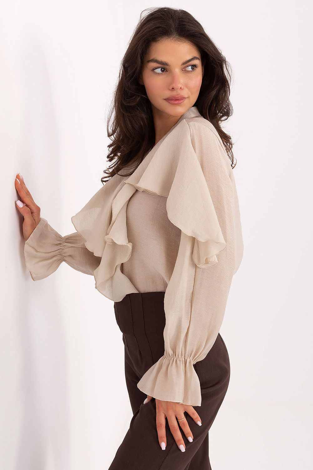 Rue Paris Classic V-Neck Shirt with Jabot & Ruffle Details Secondary image