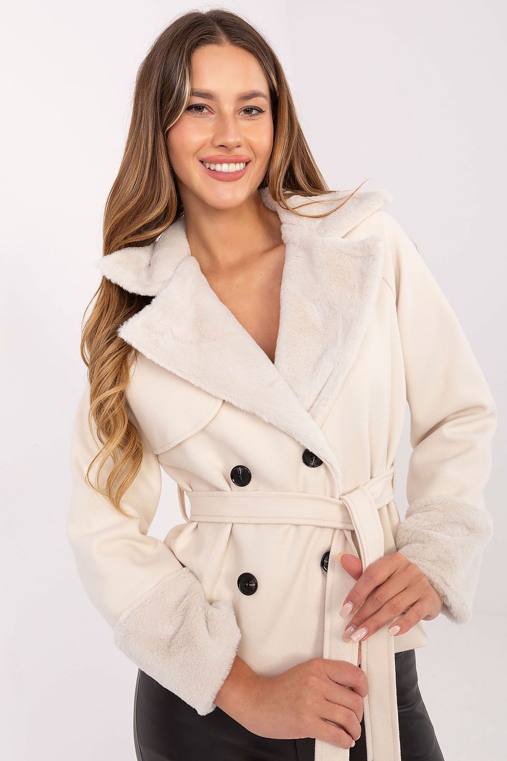 Rue Paris Short Double-Breasted Coat with Faux Fur Secondary image