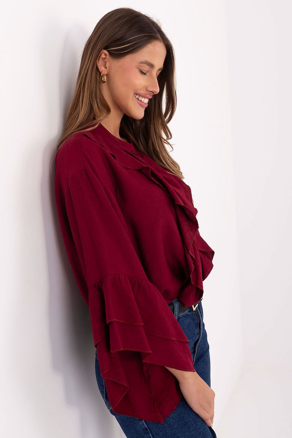 Rue Paris Frill-Sleeve Shirt with Front Ruffle Detail Secondary image