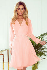 Long sleeves pleated chiffon cocktail dress