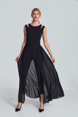 Black jumpsuit with a long chiffon skirt