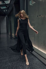 Black jumpsuit with a long chiffon skirt