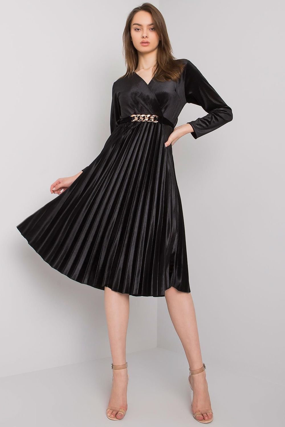 Long sleeves black velour evening dress