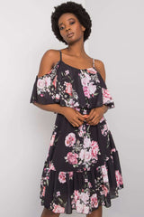 Floral fabric strapless dress with short sleeves