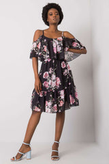 Floral fabric strapless dress with short sleeves