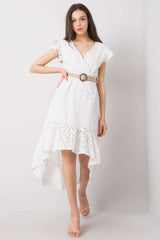 Short sleeves white asymmetrical day dress