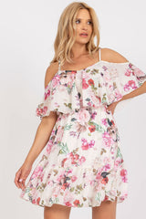 Floral fabric strapless dress with short sleeves