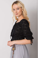 Short sleeve openwork pattern fabric blouse