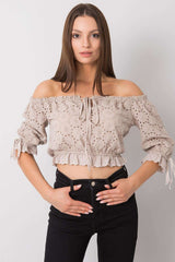 Short sleeve openwork pattern fabric blouse