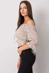 Short sleeve openwork pattern fabric blouse