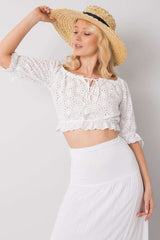 Short sleeve openwork pattern fabric blouse