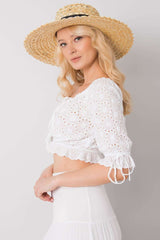 Short sleeve openwork pattern fabric blouse