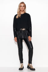 Elegant eco leather blouse pants set