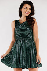 Short flared evening dress with a ruffled neck