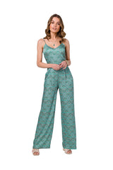 Summer satin fabric print jumpsuit with thin straps