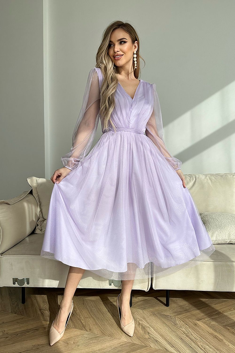 Long sleeves brocade mesh midi evening dress