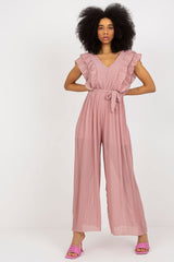Pleated v-neck jumpsuit with wide legs