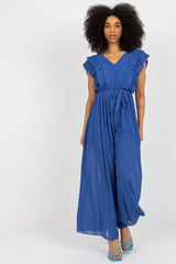 Pleated v-neck jumpsuit with wide legs