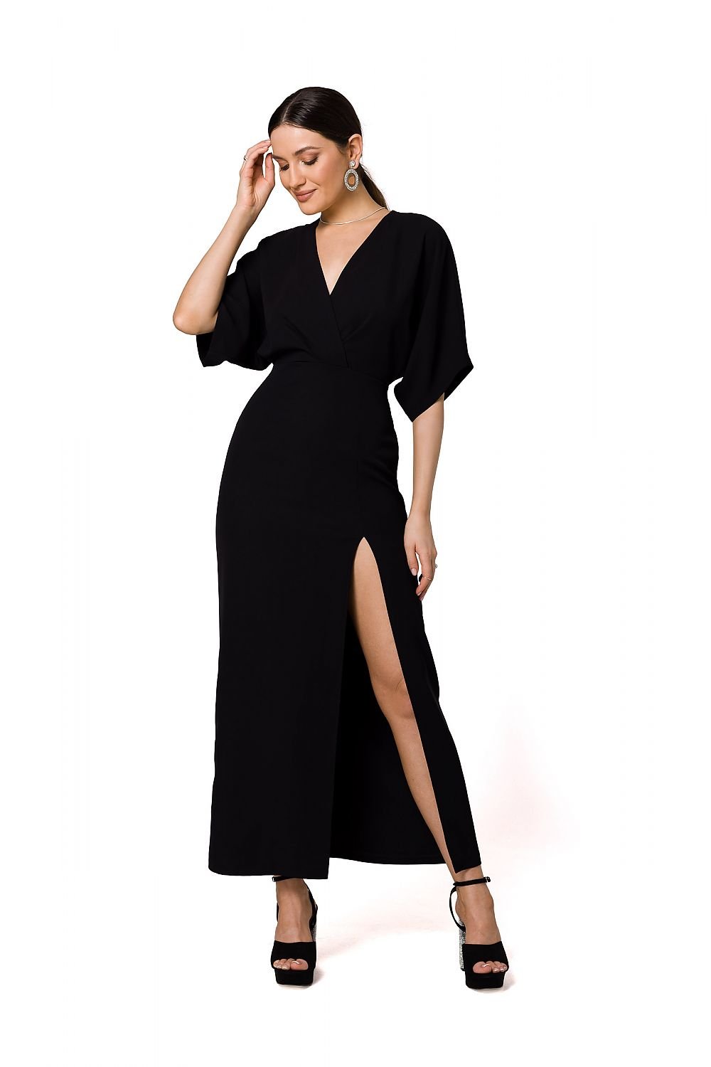 Deep V neck kimono sleeves high slit evening dress